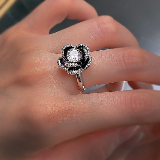 Unique 2 ctw Round Cut White Gemstone Black Camellia Ring -JOSHINY