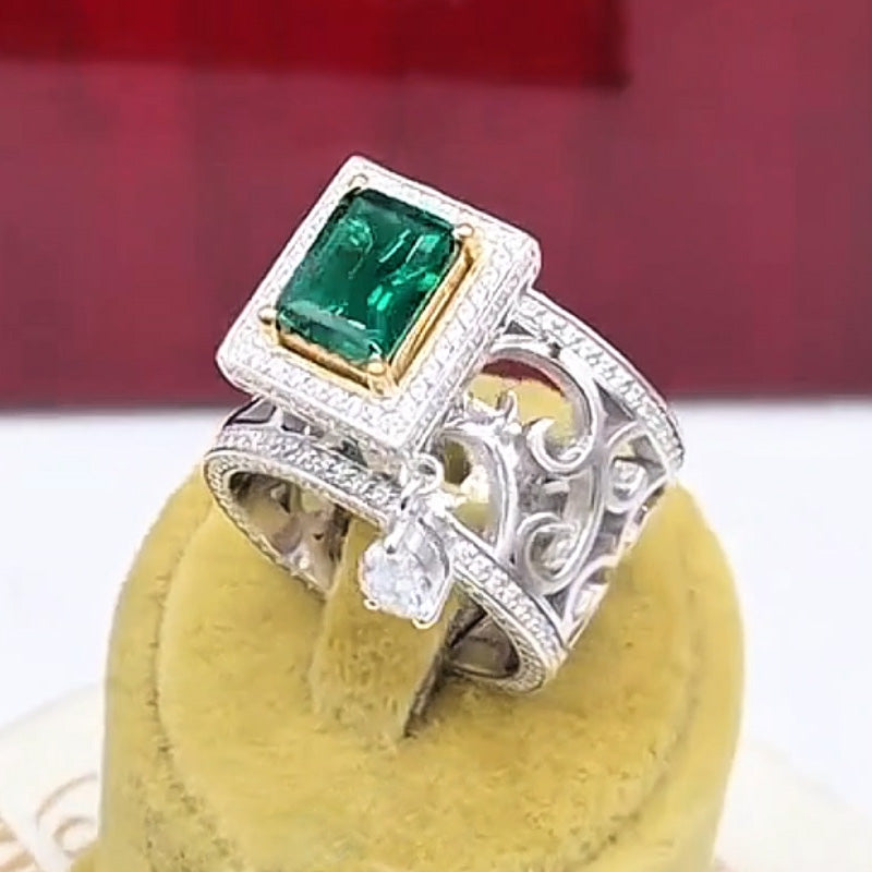 4ctw Emerald Openwork Floral Gemstone Engagement Ring -JOSHINY