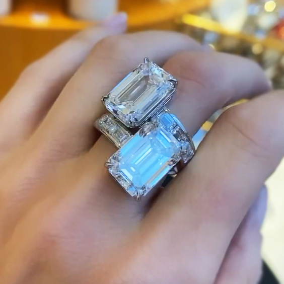 Unique 12 ctw Emerald Cut White Gemstone Two-Stone Ring -JOSHINY