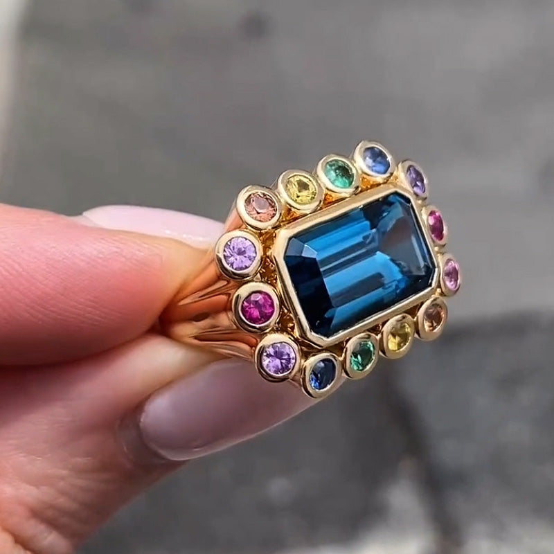 10ctw Emerald Cut rainbow & Blue Gemstone Ring -JOSHINY