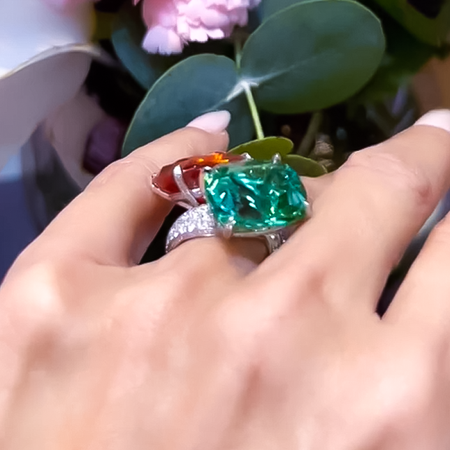 Unique 16 ctw Cushion Cut Emerald & Orange Gemstone Two-Stone Cocktail Ring -JOSHINY