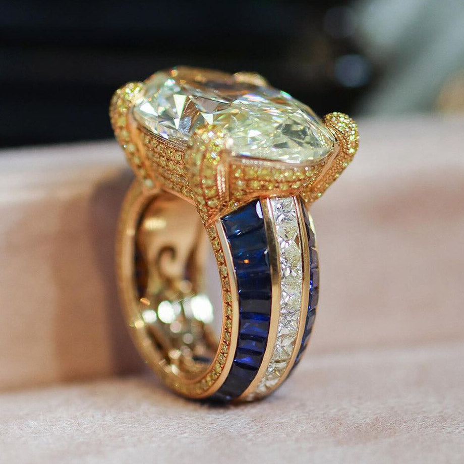 8.0ct Oval Cut Yellow and Blue Stones Ring -JOSHINY