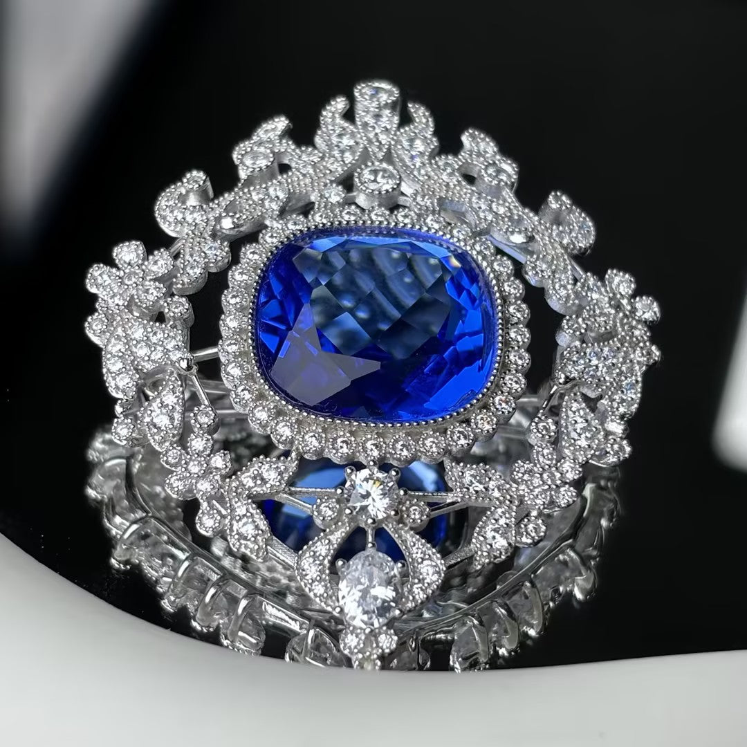 20 Ctw cushion cut blue cubic zirconia  925 sterling silver exquisite vintage brooch-JOSHINY