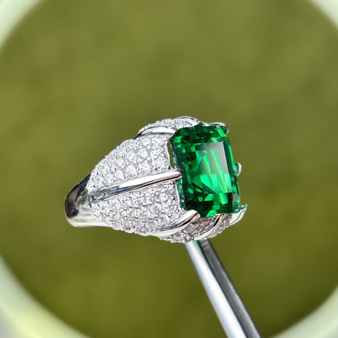 Elegant 8 ctw Emerald Cut Emerald Gemstone & Cushion Cut Sapphire Cocktail Ring -JOSHINY