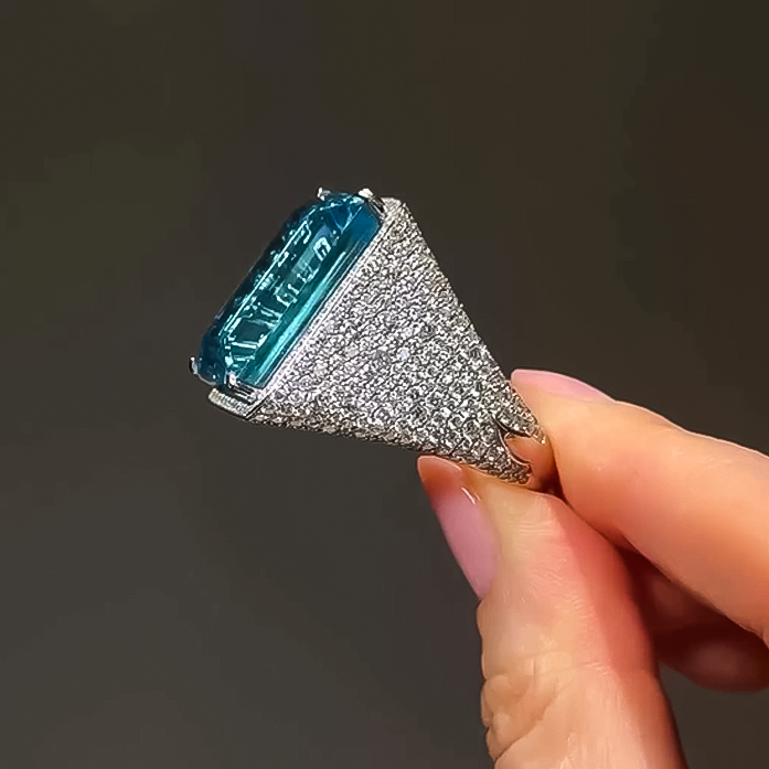 Deluxe 30 ctw Emerald Cut Blue & White Gemstone Cocktail Ring -JOSHINY