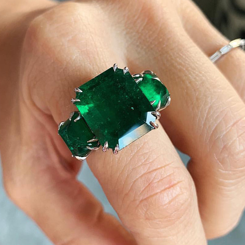 15ctw Octagon Cut Triple Emerald Gemstone Ring -JOSHINY