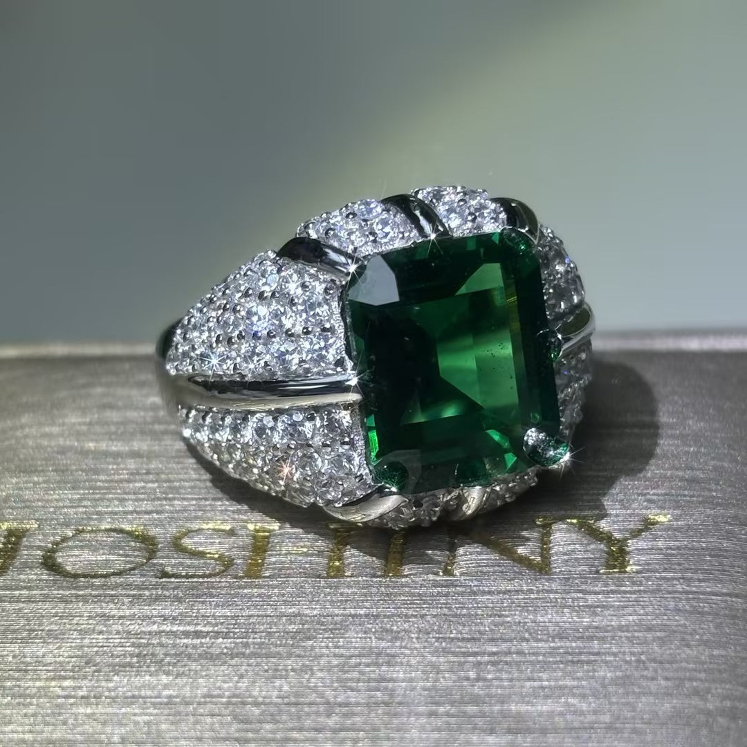 Elegant 8 ctw Emerald Cut Emerald Gemstone & Cushion Cut Sapphire Cocktail Ring -JOSHINY