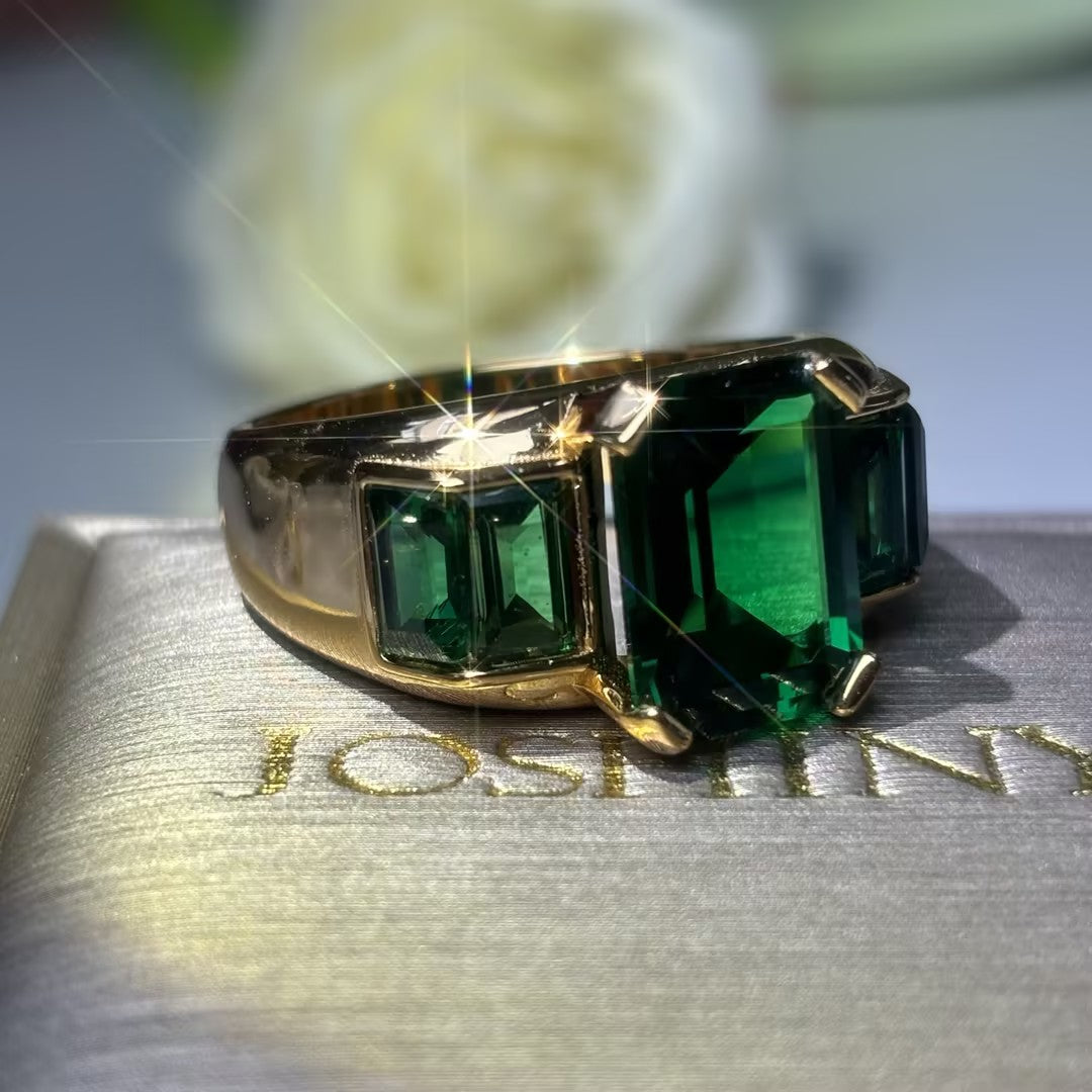 Legendary Octagonal Emerald Three-Stone Ring-JOSHINY