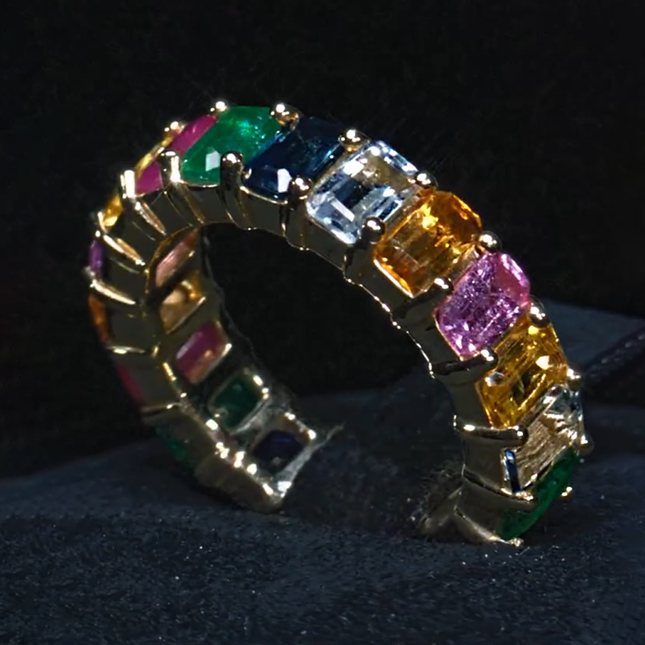 Stylish 3 ctw Emerald Cut Multi-Color Row Set Ring -JOSHINY