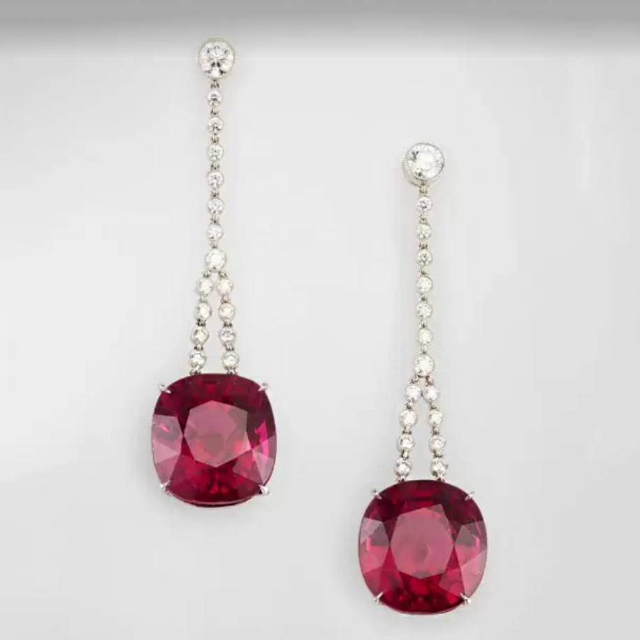 Elegant 6 ctw Cushion & Round Cut Ruby & White Gemstone Chandelier Earrings -JOSHINY