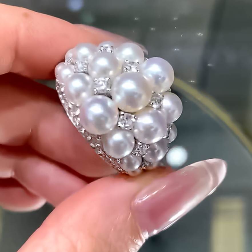 Elegant 2 ctw Round Cut White Gemstone & Pearl Cluster Cocktail Ring -JOSHINY