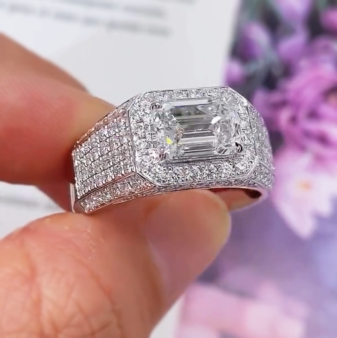 Gorgeous 6 ctw Emerald Cut White Gemstone Pavé Set Ring -JOSHINY