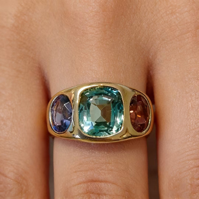 5ctw Cushion&Oval Cut Red&Green&Blue Vintage Three-Stone Gemstone Ring -JOSHINY