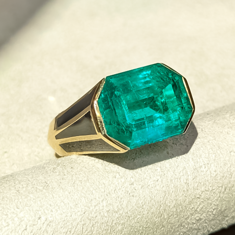 Unique 7 ctw Emerald Cut Emerald Black Enamel Ring -JOSHINY