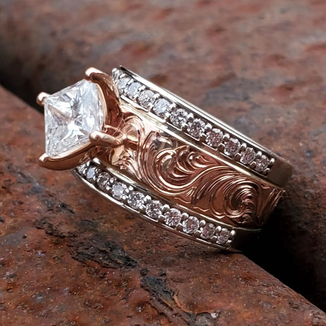 3.0ct Princess Cut Vintage Engraved Rose Gold Ring -JOSHINY