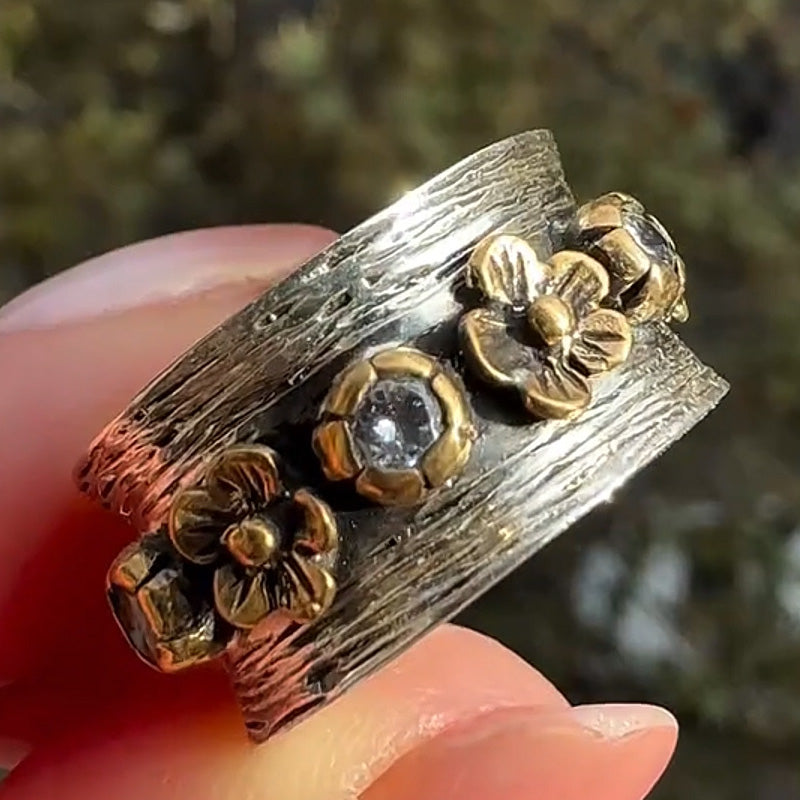 Mixed Metal Vintage Flower and Gemstone Ring -JOSHINY