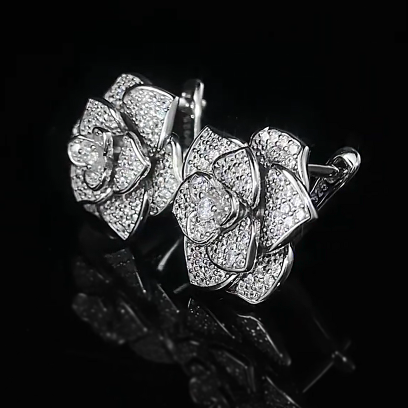 Delicate 5 ctw Round Cut White Gemstone Pavé Set Camellia Earrings -JOSHINY