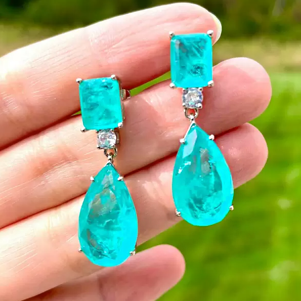 Simple 14 ctw Emerald & Pear Cut Paraiba & Emerald Gemstone Earrings -JOSHINY