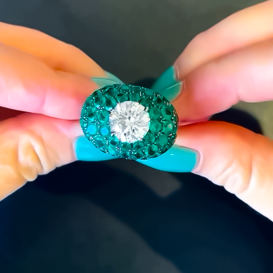 Vintage 8 ctw Round Cut White Gemstone & Emerald Cocktail Ring -JOSHINY