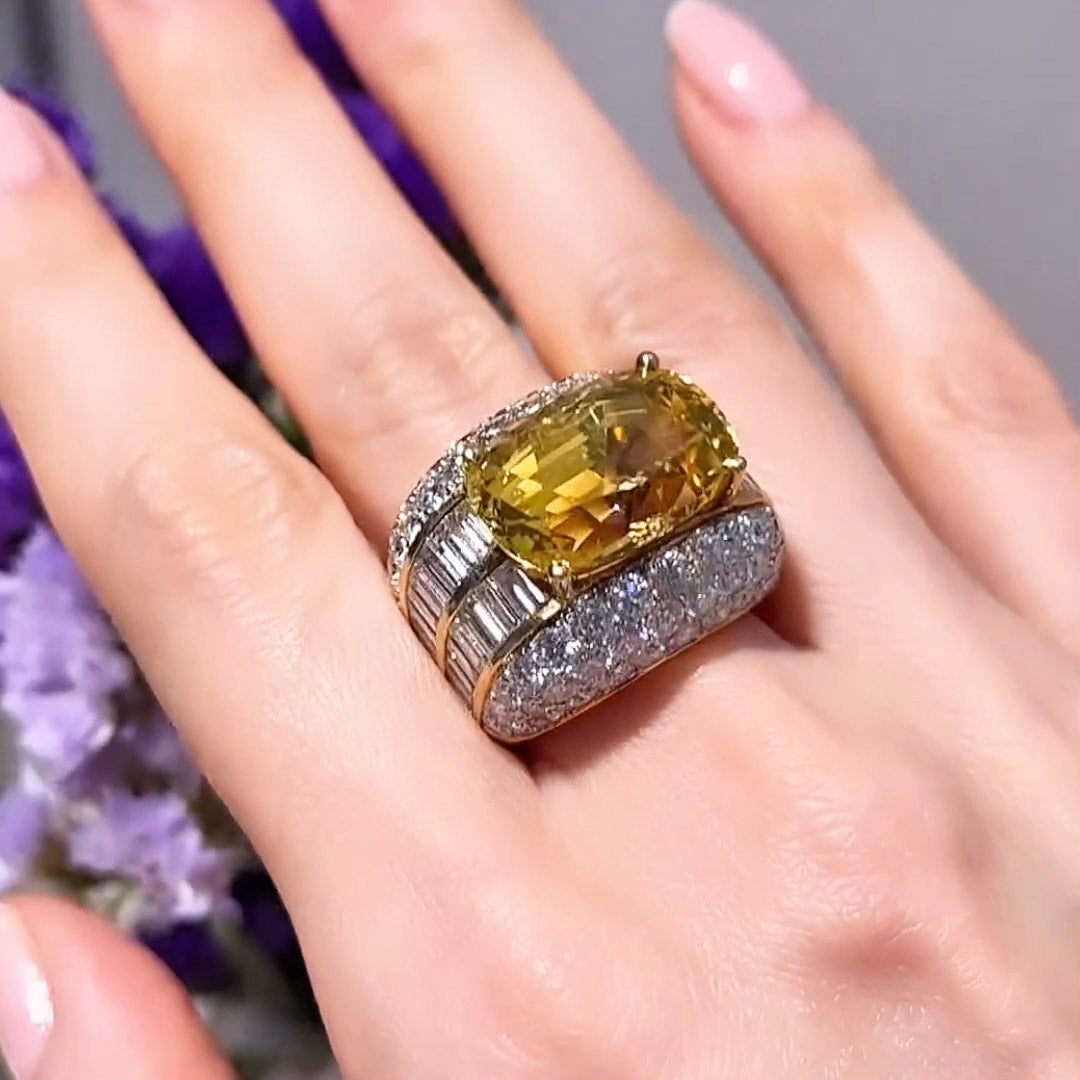 15ctw Yellow Oval and Baguette Cut Gemstone Ring -JOSHINY