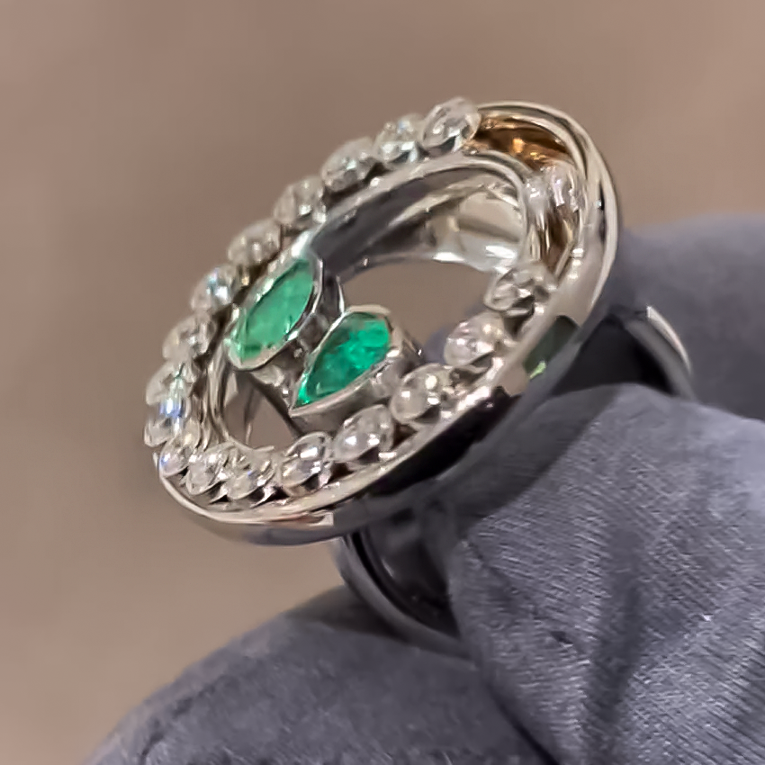 Unique 4 ctw Pear & Triangle & Round Cut Emerald & White Gemstone Slide Ring -JOSHINY