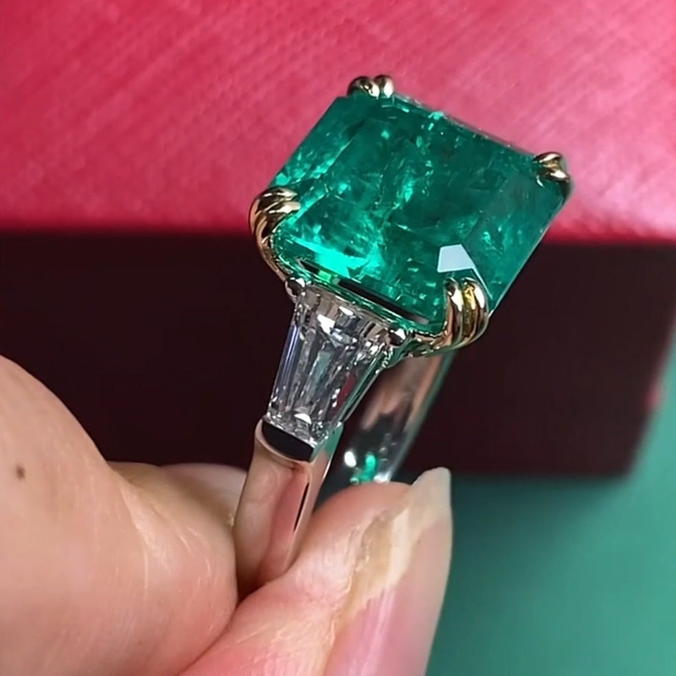 6.5ct Square Emerald 3 Stone Engagement Ring -JOSHINY