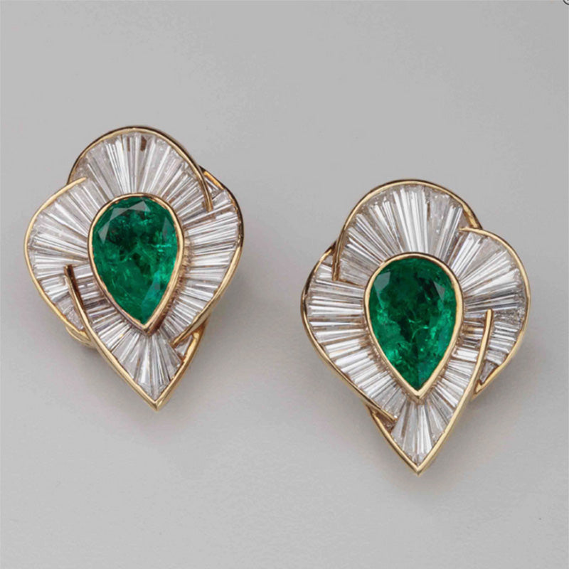 3ct Pear Cut Emerald Flower Earrings -JOSHINY