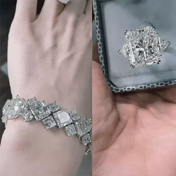 Radiant Cut White Gemstone Ring and Bracelet Set -JOSHINY