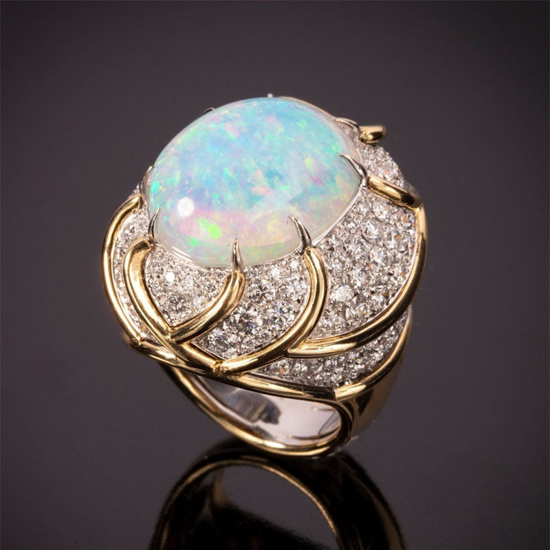 Gorgeous Opal Diamond Cabochon Ring-JOSHINY