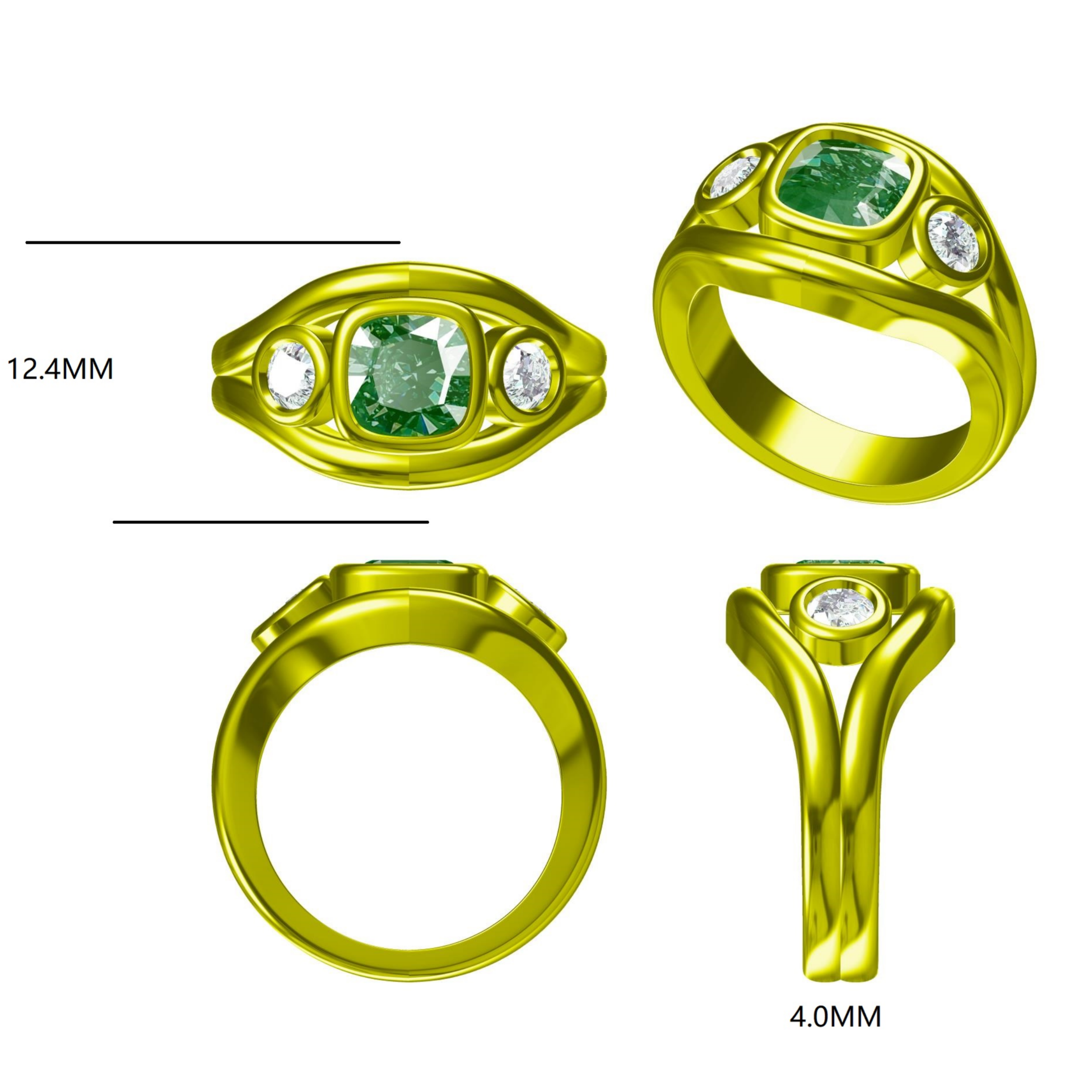 Vintage 3 ctw Cushion & Round Cut Green & White Gemstone Three Stone Ring -JOSHINY