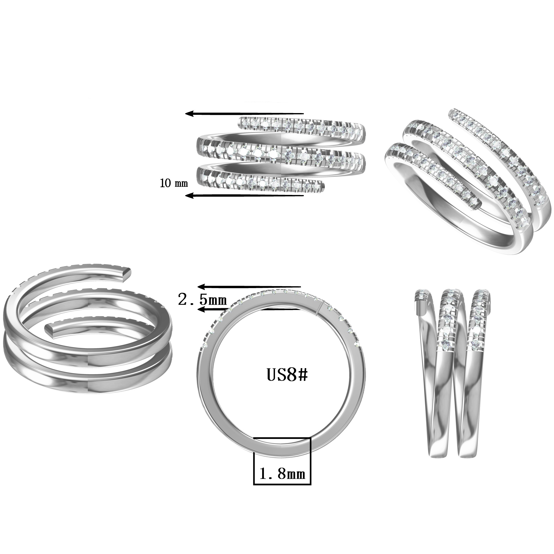 Round Cut White Gemstone Spiral Wrap Multi-Row Ring