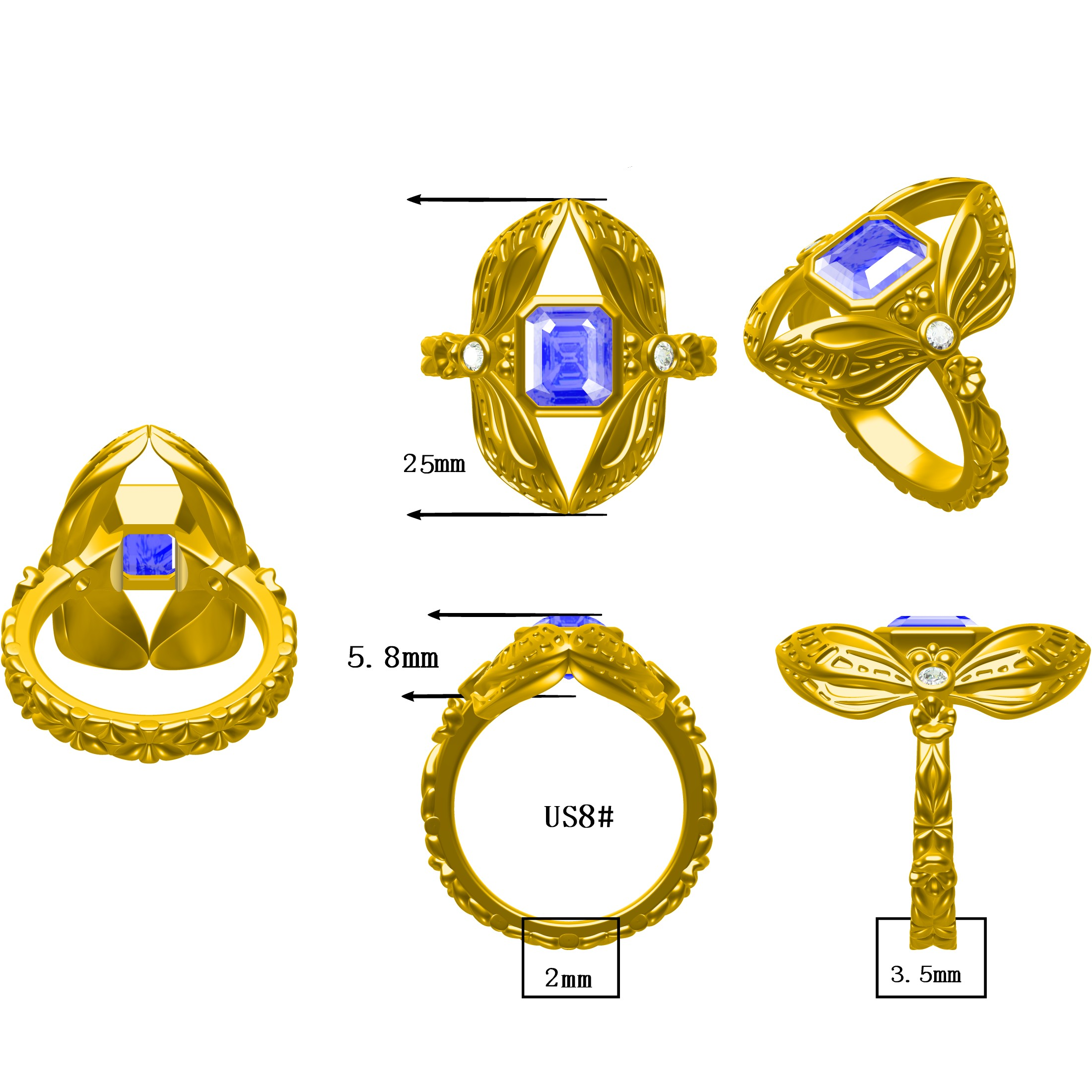 3.0ct Dragonfly Blue Gemstone Ring -JOSHINY