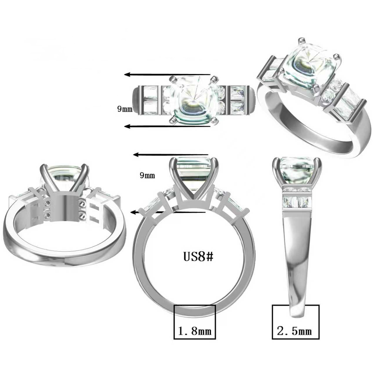 3.0ctw Cushion And Baguette Cut Double Row Stone Band Engagement Ring-JOSHINY