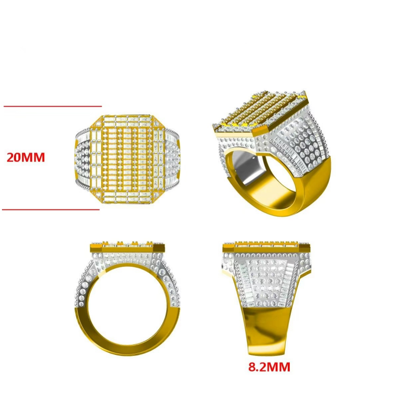 4.6ctw rectangular and round cut hip hop gold and silver ring-JOSHINY