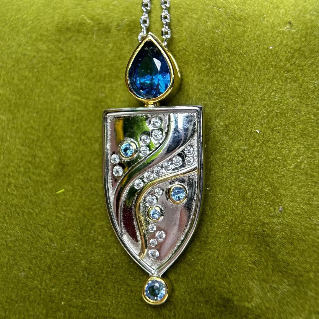 2 CTW Pear & Round Cut Blue Cubic Zirconia Artistic 925 Sterling Silver Pendant Necklace-Joshiny