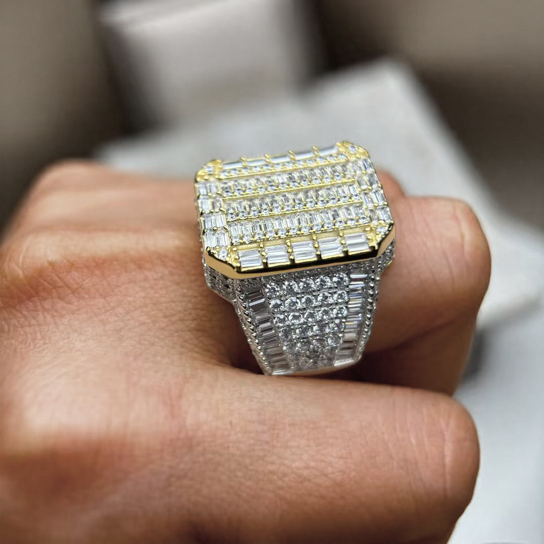 4.6ctw rectangular and round cut hip hop gold and silver ring-JOSHINY