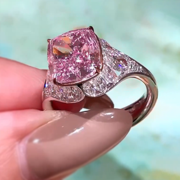 Exquisite 6 ctw Cushion Cut Pink Gemstone Ring -JOSHINY