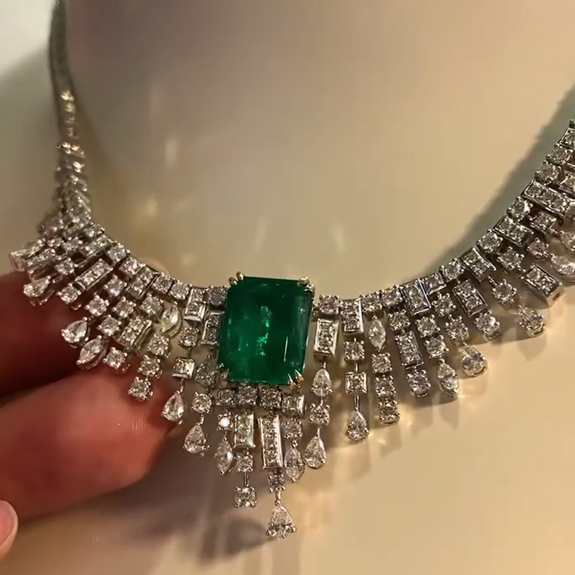 Elegant 15 ctw Emerald Cut Emerald Waterfall Necklace -JOSHINY