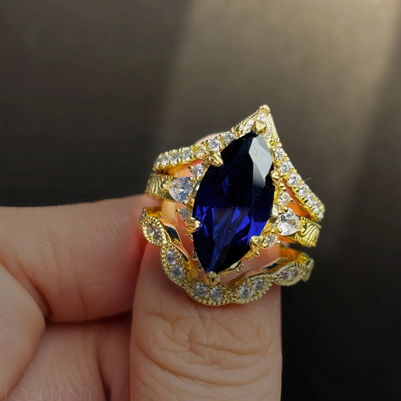 5.96ctw Marquise-cut Blue Sapphire Art Deco Ring Set-JOSHINY