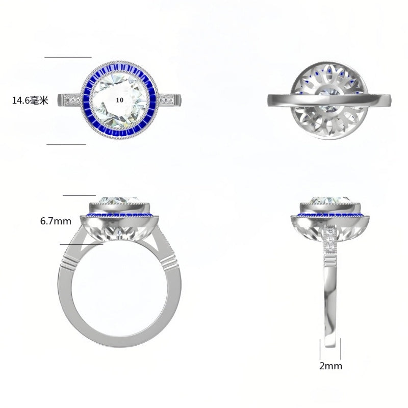 Art Deco Inspired 3ct Round Cut White Gemstone&Sapphire Target Ring -joshiny