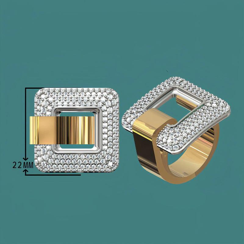 Stylish 1.5 ctw Round Cut White Gemstone Two Tone Pavé Square Buckle Ring -JOSHINY