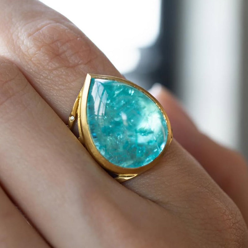8Ct convex pear-shaped cut aquamarine goddess ring-JOSHINY