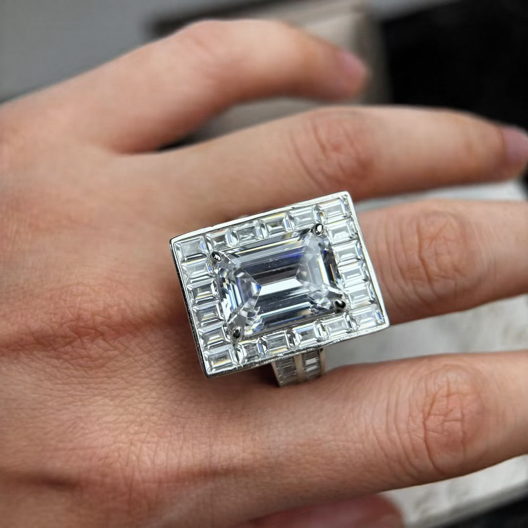 Unique 6 ctw Emerald Cut White Gemstone Engagement Ring -JOSHINY