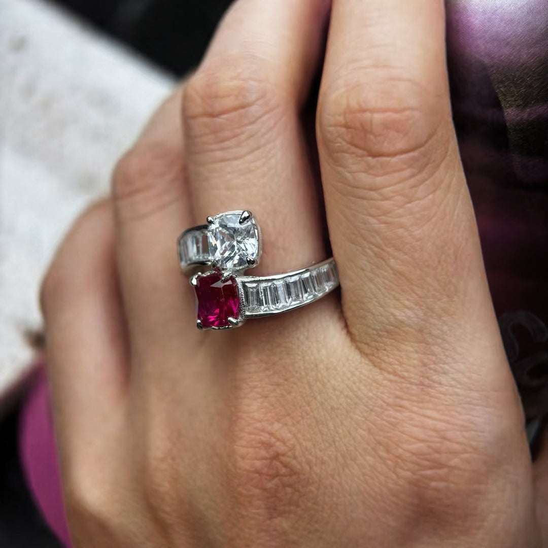 8ctw Cushion-cut red and white gemstone crossover ring -JOSHINY