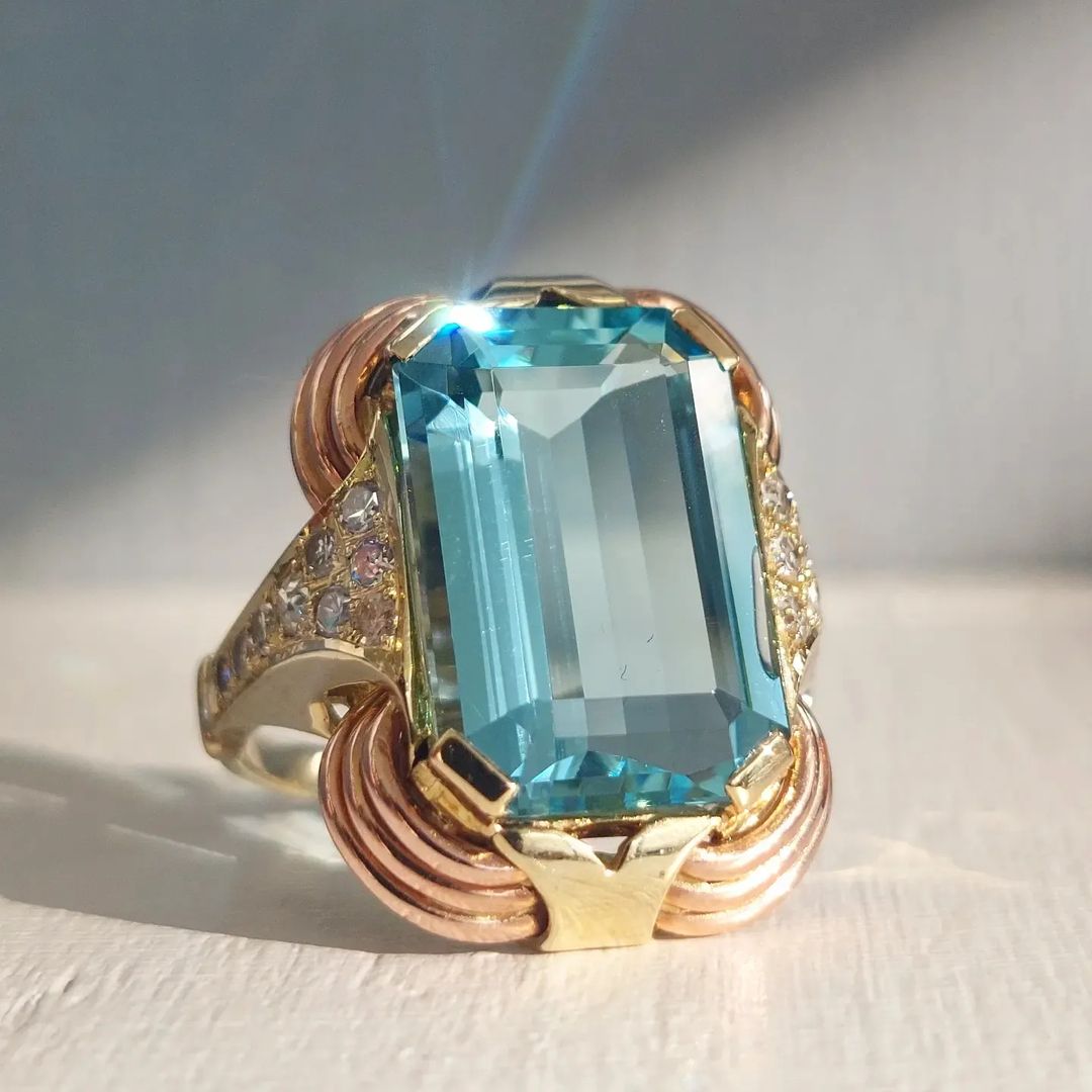 10.2ct Octagon Cut Aquamarine Vintage Rose Gold Ring -JOSHINY