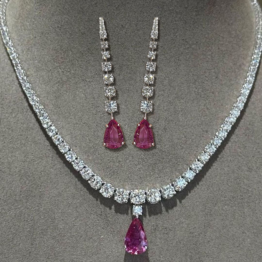 Pear Cut Pink Gemstone Necklace and Earrings Set -JOSHINY