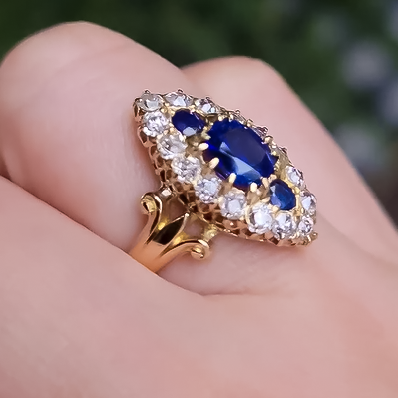 Vintage 2 ctw Cushion Cut Sapphire Tri-Stone Engagement Ring -JOSHINY