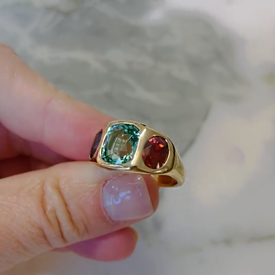 5ctw Cushion&Oval Cut Red&Green&Blue Vintage Three-Stone Gemstone Ring -JOSHINY