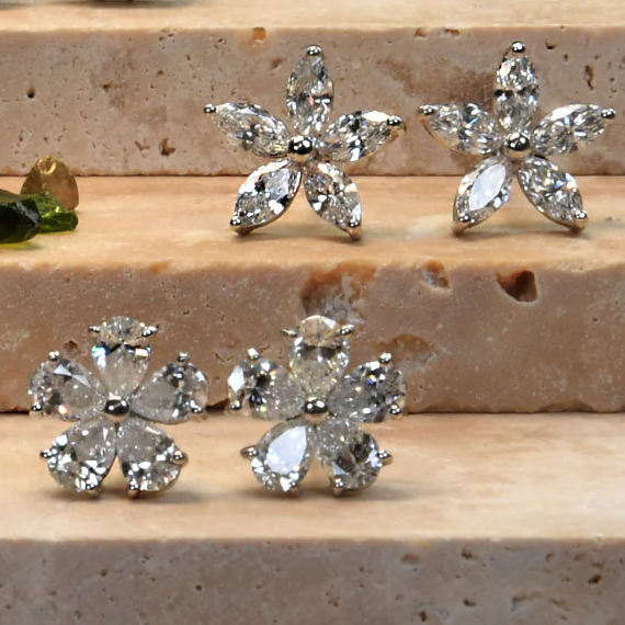 2ctw Pear&Marquise Cut White Gemstone Sisters Flower Stud Earrings -JOSHINY
