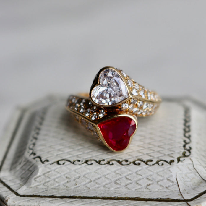 10k White Gold Heart Cut popular Ruby and Moissanite Ring